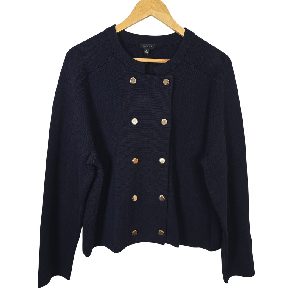 Talbots Navy Blue Double Breasted Cardigan Sweater Gold Buttons XL NWT